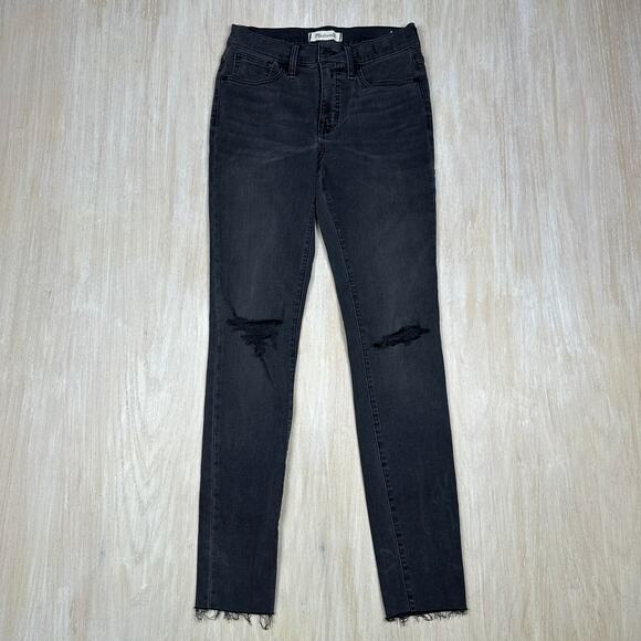 Madewell 9" Mid Rise Skinny Black Casual Raw Hem Ankle Distressed Denim Jeans 26 - Picture 1 of 16